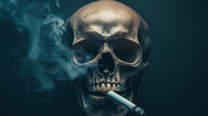 Skull with cigarette and smoke against dark background, memento mori concept