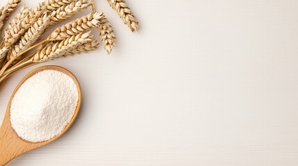 Wheat Flour Spoon and Ears on White Wooden Background