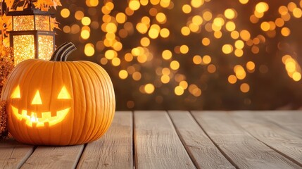 Obraz premium Halloween Jack O Lantern on Wooden Table with Bokeh Lights