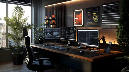 Modern Home Office Setup with Desk, Computer Monitors, and Plants - 3D Illustration