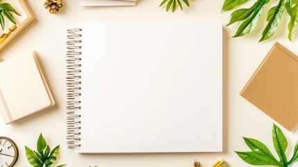 Blank Notebook with Green Leaves and Stationery on White Background