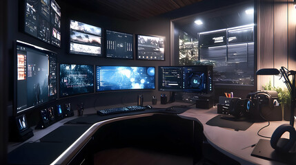 Naklejka premium Modern Gaming Setup with Multiple Monitors and Desk Lamp - 3D Illustration