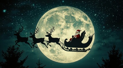 Naklejka premium Santa Claus Flying Through The Night Sky With Reindeer In Front Of Full Moon