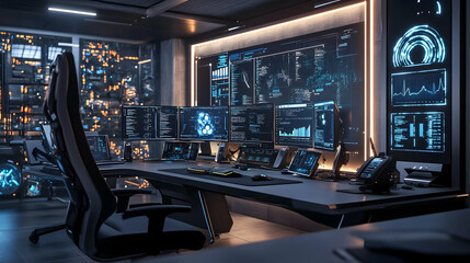 Futuristic Workstation with Multiple Monitors and Data Visualizations - 3D Illustration
