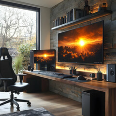 Modern Home Office Setup with Sunset View Realistic Image