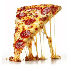 A slice of pizza with pepperoni and cheese on white background