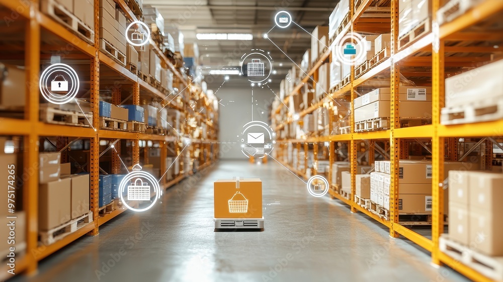 Poster automated warehouse with connected boxes and icons
