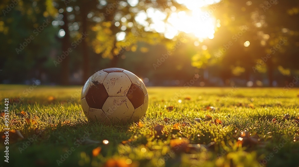 Poster Soccer Ball on a Sunny Grassy Field