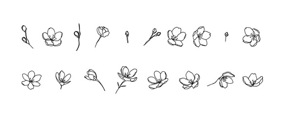 black line art of cherry blossom flower vector asset collection floral element with flower blooms and buds