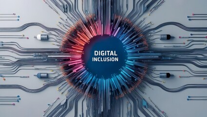 Digital Inclusion Concept, featuring word Digital Inclusion, sleek lines, intertwined digital elements, such as circuits, wires, and signals