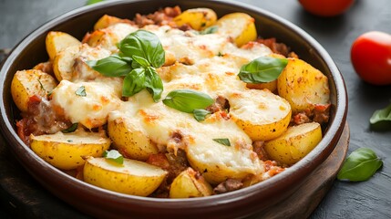 Potatoes with meat and mozzarella cheese , Generative AI 