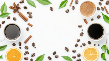 Obraz premium Coffee Beans Cinnamon Sticks Orange Slices and Green Leaves on White Background
