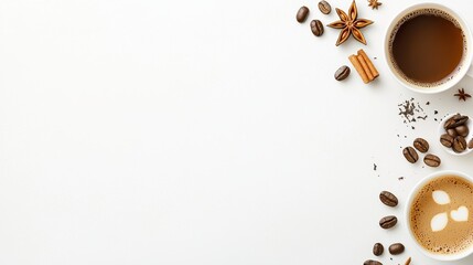 Obraz premium Coffee Latte Art Coffee Beans Cinnamon Star Anise White Background