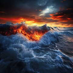 Fototapeta premium Dramatic Ocean Waves at Sunset with Fiery Sky