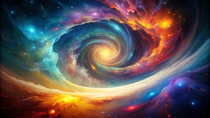 The image shows a celestial scene with a swirling nebula in the center, surrounded by a vast expanse of colorful clouds and stars, forming a cosmic landscape.