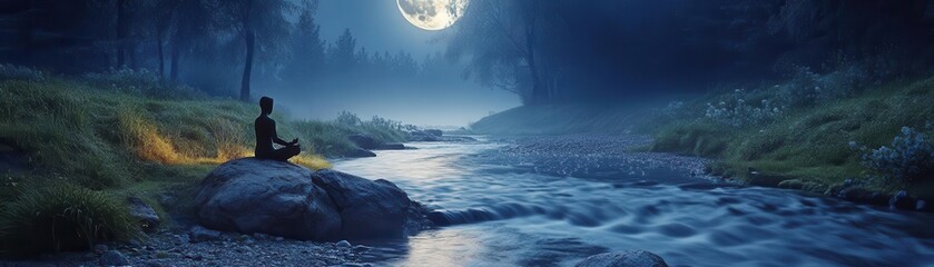 Naklejka premium A gentle stream flowing under the moons glow, with a meditator sitting on the riverbank, connecting with the calm energy of the night