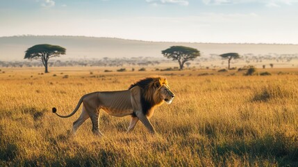 Lion walking through sunlit grass, with distant acacia trees and the savanna stretching endlessly behind