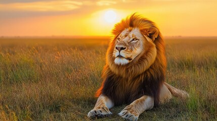 Majestic lion with golden mane basking under the setting sun in the vast savanna, capturing the power and serenity of African wildlife