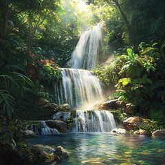 Serene Waterfall Surrounded by Lush Tropical Jungle