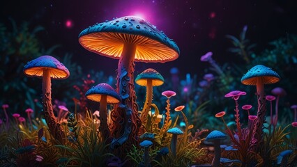 Fototapeta premium Psychedelic background with fluorescent paints and magic mushrooms, perfect for psy-trance