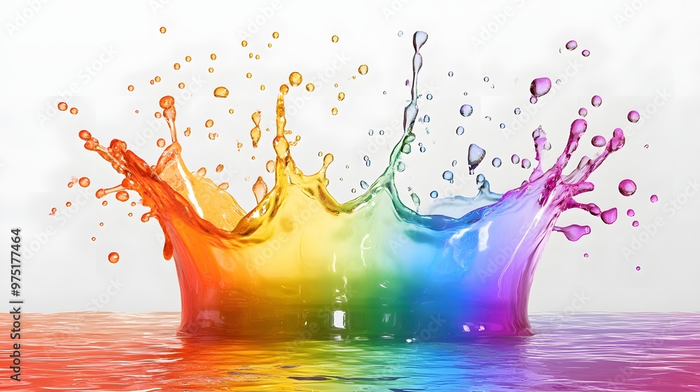 Poster 9. **a 3d model of a water splash in multiple colors (rainbow effect), with droplets flying in vario