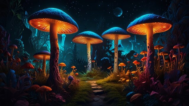 Psychedelic background with fluorescent paints and magic mushrooms, perfect for psy-trance
