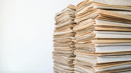 Stack of Old Newspapers on White Background