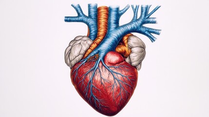Naklejka premium Detailed Anatomical Illustration of the Human Heart with Arteries and Veins on a White Background