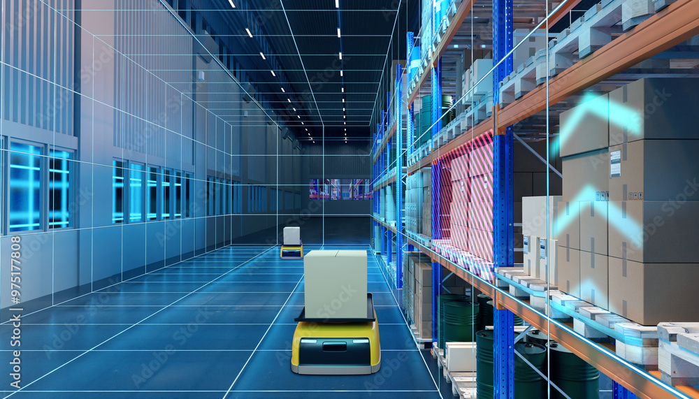 Poster automated warehouse. robots move boxes around warehouse. futuristic warehouse. automated guided vehi