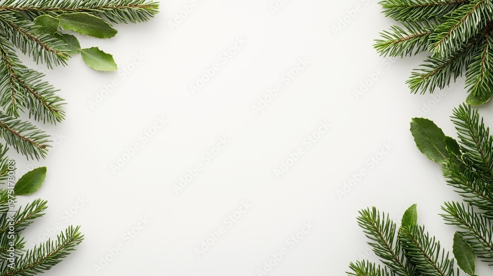 Wall mural Green Fir Tree Branches Frame Border on White Background