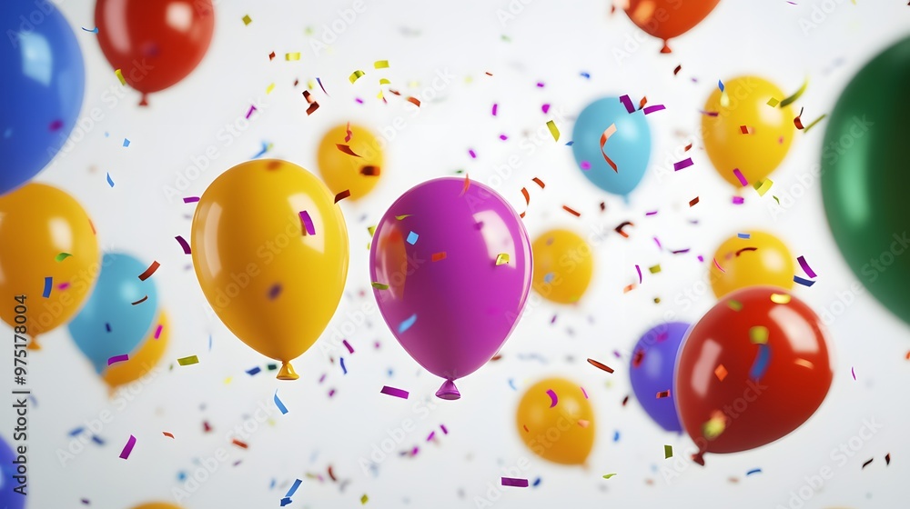Poster 9. **a stylish 3d render of a party scene with colorful balloons and streamers floating gently, isol