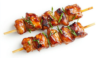 Two skewers of grilled chicken with a glaze and sesame seeds.