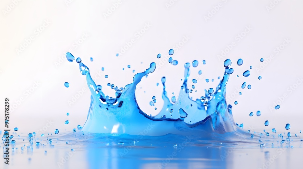 Poster 1. **a dynamic 3d render of a bright blue water splash with droplets in various directions, isolated