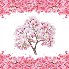 Obraz premium Watercolor floral sakura frame. Spring cherry blossom border, isolated on white