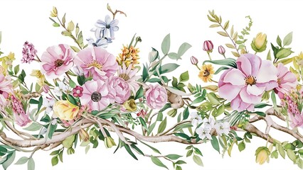 Watercolor spring floral bouquets, branches and leaves seamless pattern, hand painted on a white background