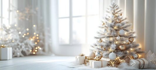 4. **A beautifully decorated 3D New Year is tree with glowing ornaments and twinkling lights, set against a pristine white backdrop