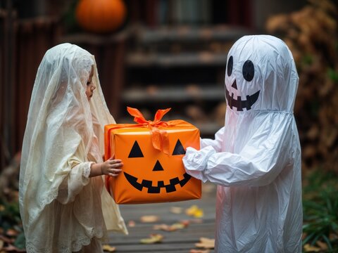 Crian&ccedil;as fantasiadas no Halloween trocando presentes na data