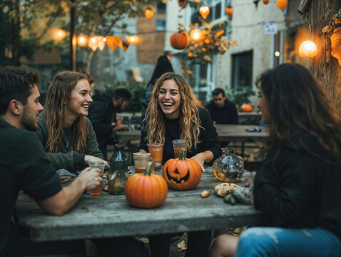 Grupo de amigos universit&aacute;rios se divertindo em uma festa de Halloween com decora&ccedil;&atilde;o vibrante