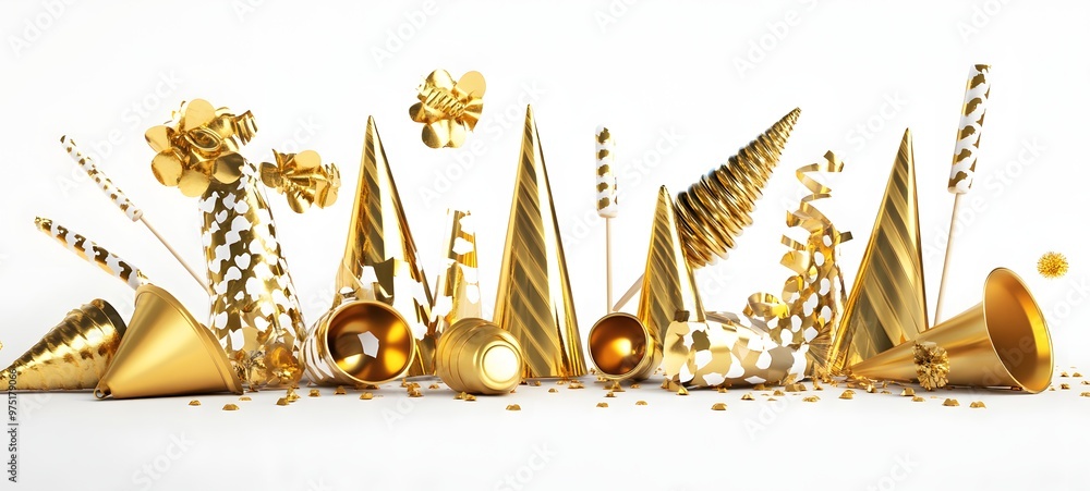 Poster 6. **an artistic 3d rendering of golden party hats and noisemakers arranged in a festive pattern, is