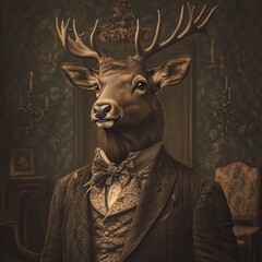 Elegant Deer Portrait in Vintage Attire