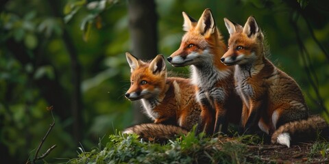 Naklejka premium Three young foxes keeping an eye on their mother