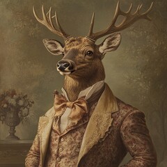 "Elegant Stag Portrait in Vintage Attire"