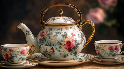 A beautiful porcelain teapot with floral patterns and gold trim, sitting on top of an elegant saucer next to matching cups