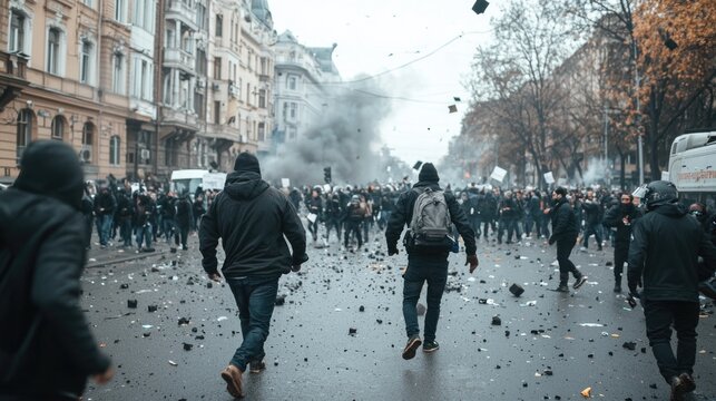 Street unrest: intense city riots featuring violent protest march, with explosions, smoke filling the air, showcasing conflict between angry demonstrators, police amidst chaos of urban disaster.