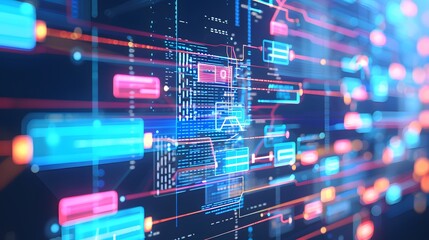 Multi-Tier Architecture Layout: A layered blueprint depicting an application separated into multiple tiers--presentation, application logic, and data storage. Each tier is represented with glowing, di