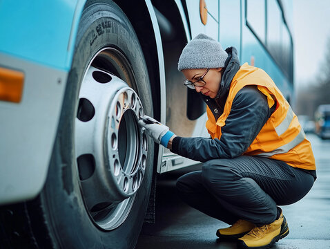 Bus Driver Conducting Safety Check on Vehicle Tire - Powered by Adobe