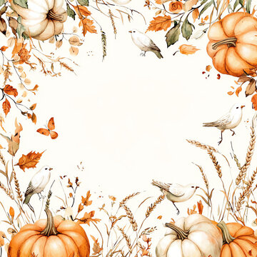 Watercolor painting of a beautiful autumn scene, featuring a frame with pumpkins, wheat, and birds on a white background