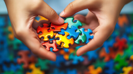Colorful Puzzle Pieces Held in Hands for Autism Awareness