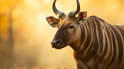 Elusive Stripes in Golden Light: A majestic Eland antelope, its striking striped coat bathed in the warm glow of the setting sun, stands as a testament to the beauty and mystery of the African wildern