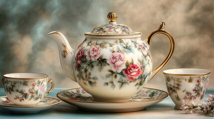 A beautiful porcelain teapot with floral patterns and gold trim, sitting on top of an elegant saucer next to matching cups